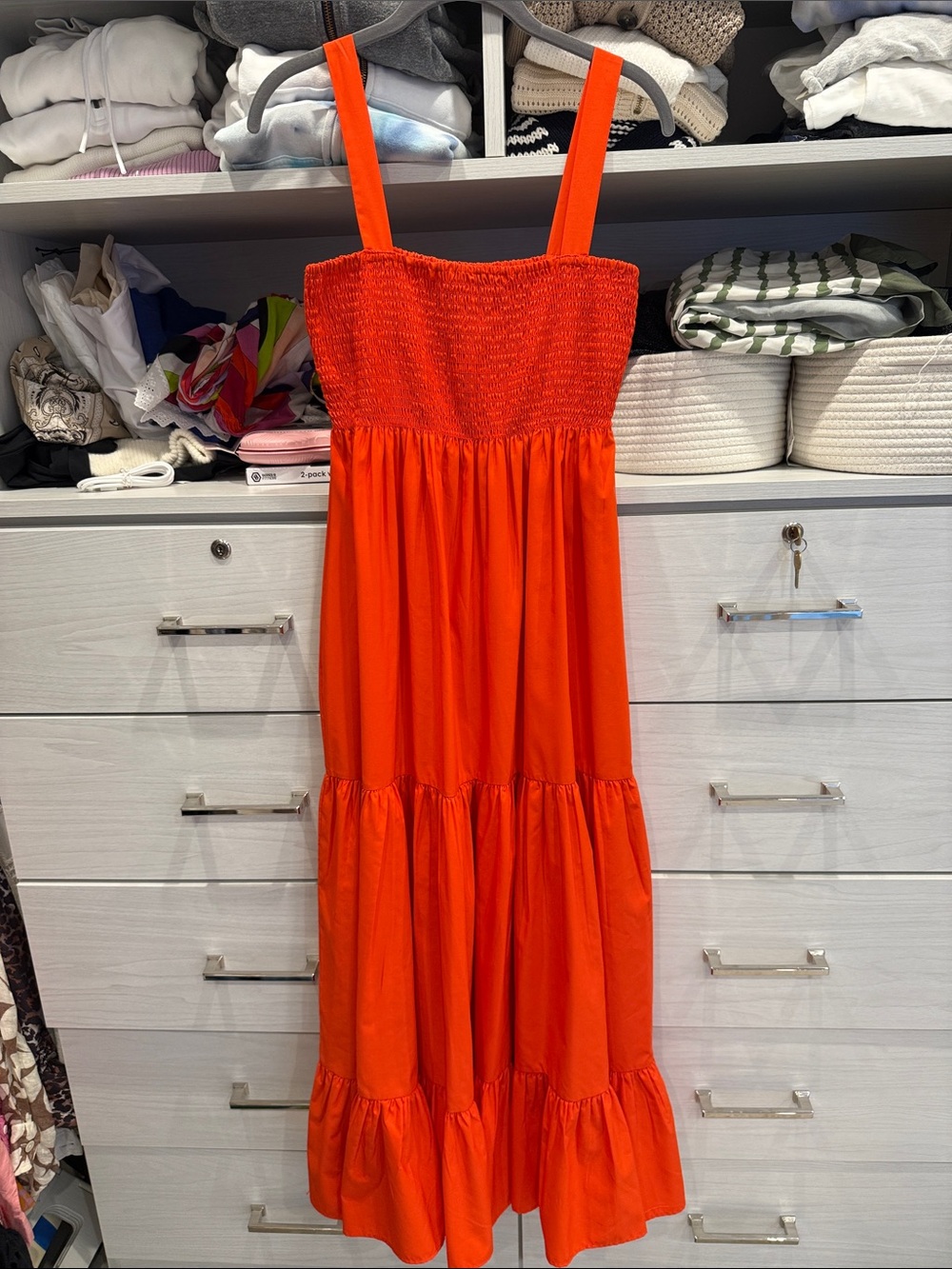 Zara Bright Orange Smocked Bodice Tiered Maxi Dress